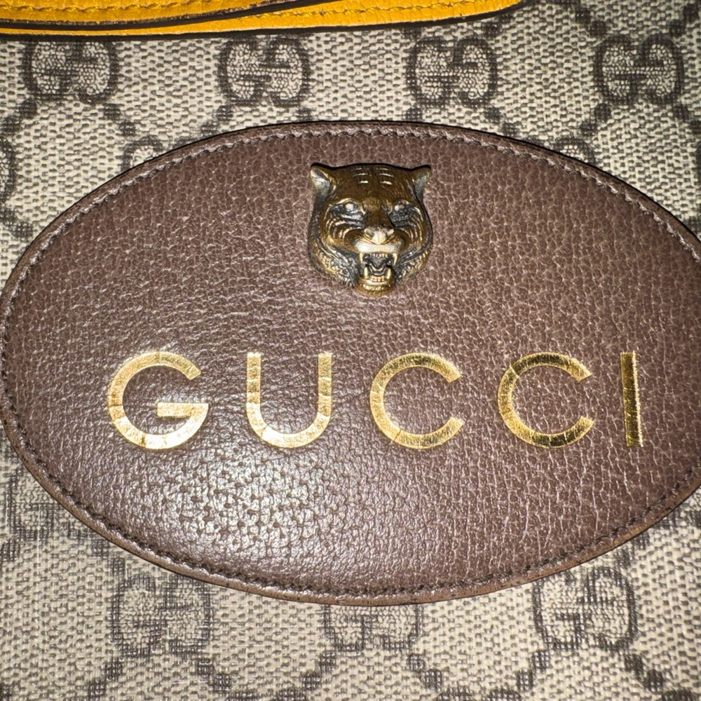 Gucci Brown GG Monogram Wristlet with Gold Logo and Yellow Strap - Picture 6 of 11